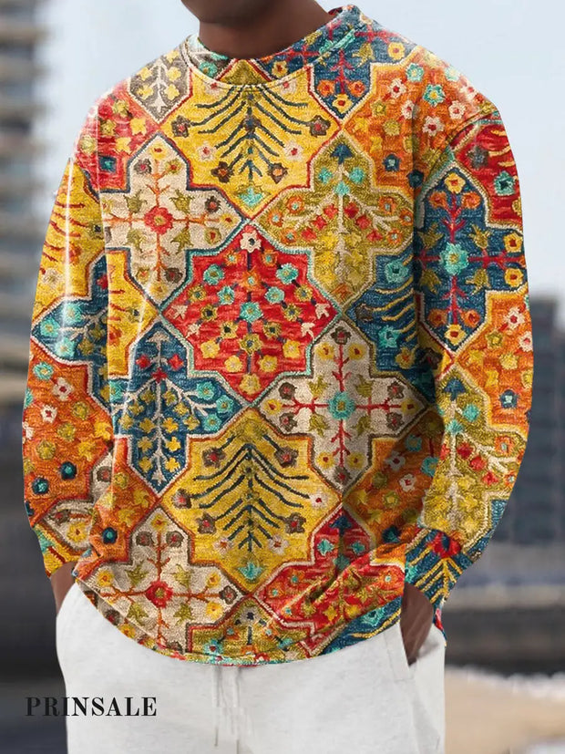 Gentleman’s Casual Multicolor Ethnic Geometric Art Print Crew Neck Pullover Colorful / S