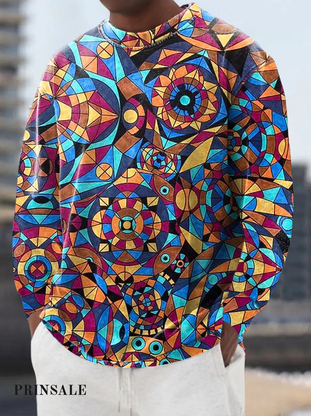 Gentleman’s Casual Multicolor Geometric Art Print Crew Neck Pullover Hoodie Colorful / S