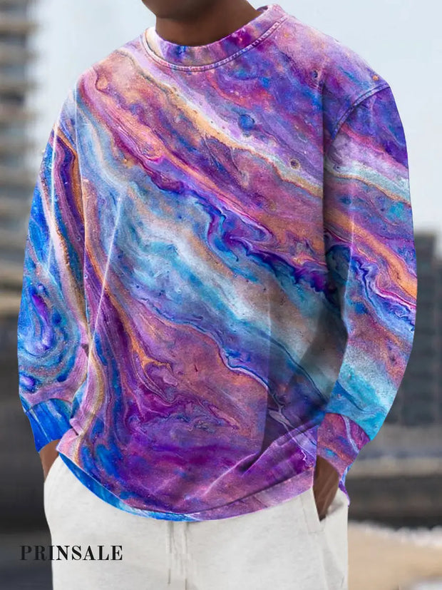 Gentleman’s Casual Multicolor Gradient Art Print Crew Neck Pullover Sweatshirt Colorful / S