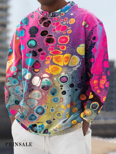 Gentleman’s Casual Multicolor Round Art Print Crew Neck Pullover Shirt Colorful / S