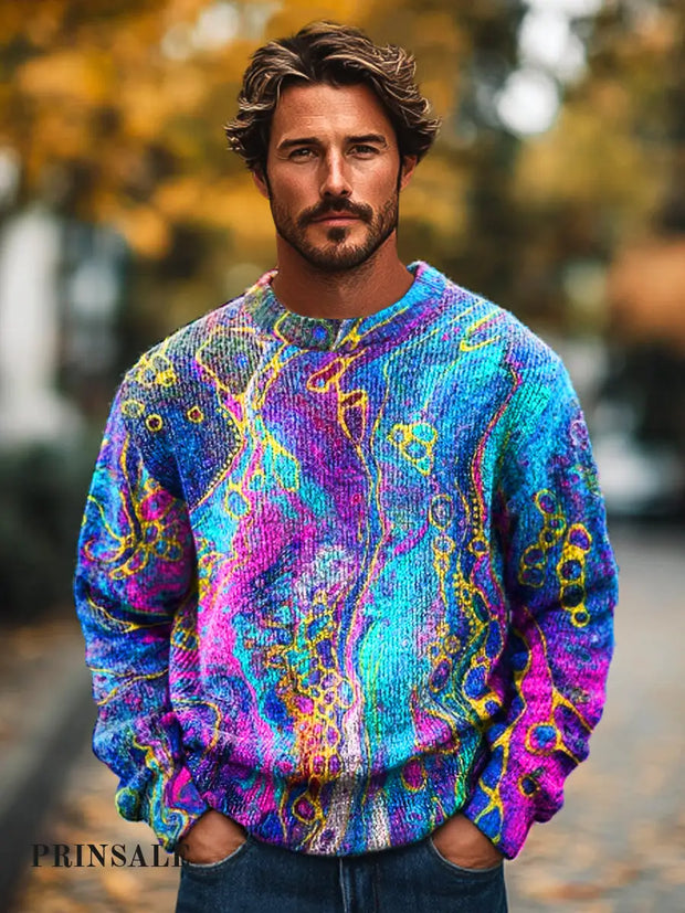 Gentleman’s Casual Multicolor Textured Art Print Knit Crew Neck Pullover Shirt Colorful / S