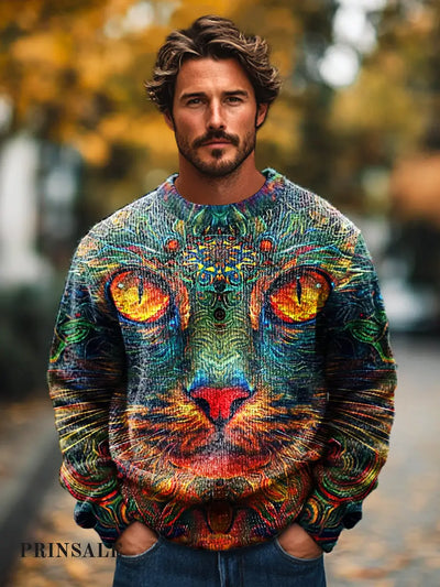 Gentleman’s Casual Persian Cat Art Print Crew Neck Sweater Colorful / S