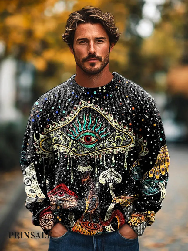 Gentleman’s Casual Psychedelic Eyes Mushroom Print Knit Crew Neck Pullover Sweatshirt Colorful / S