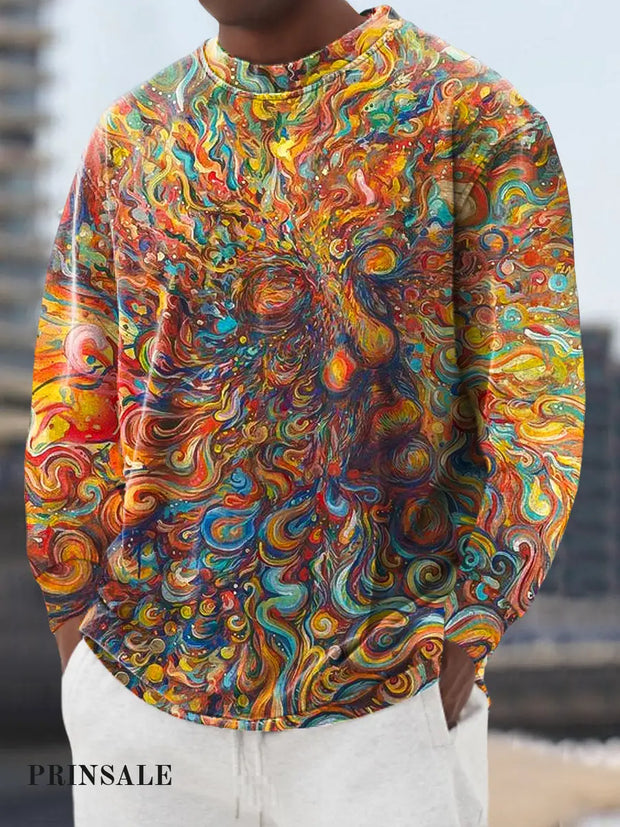 Gentleman’s Casual Rainbow Color Abstract Portrait Art Print Crew Neck Pullover Colorful / S