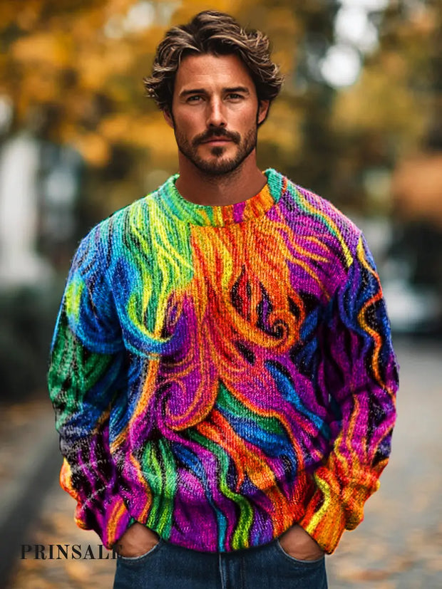 Gentleman’s Casual Rainbow Color Line Crew Neck Sweater Colorful / S