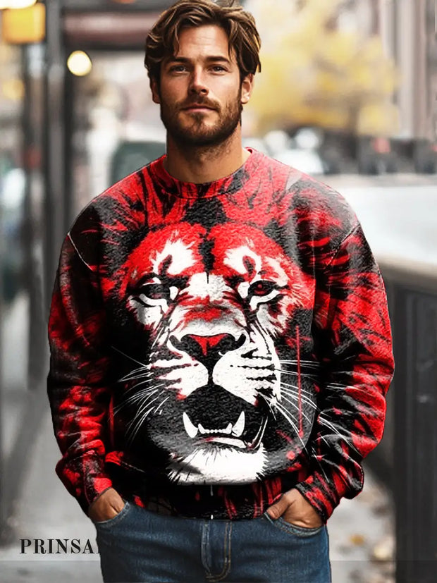 Gentleman’s Casual Red Lion Art Print Cotton Crew Neck Pullover Colorful / S