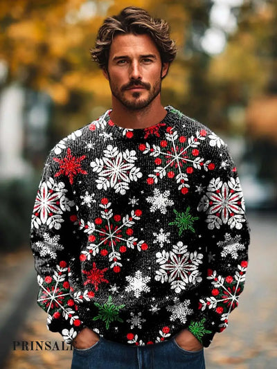 Gentleman’s Christmas Snowflake Fashion Printed Knit Crewneck Sweater Flower Color / S