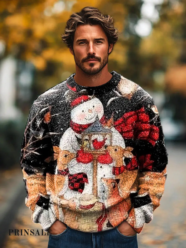 Gentleman’s Christmas Snowman Art Print Crew Neck Sweater Colorful / S