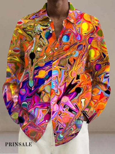 Gentleman’s Colorful Candy Paper Art Print Long-Sleeved Lapel Shirt Colorful / S