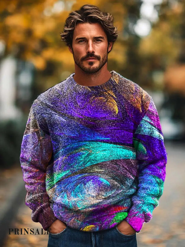 Gentleman’s Cool Color Rendering Art Print Crewneck Base Sweater Flower Color / S