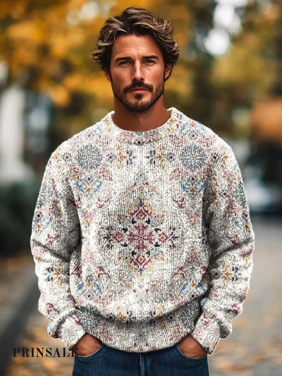 Gentleman’s Elegant Temperament Ethnic Print Crewneck Base Sweater Flower Color / S