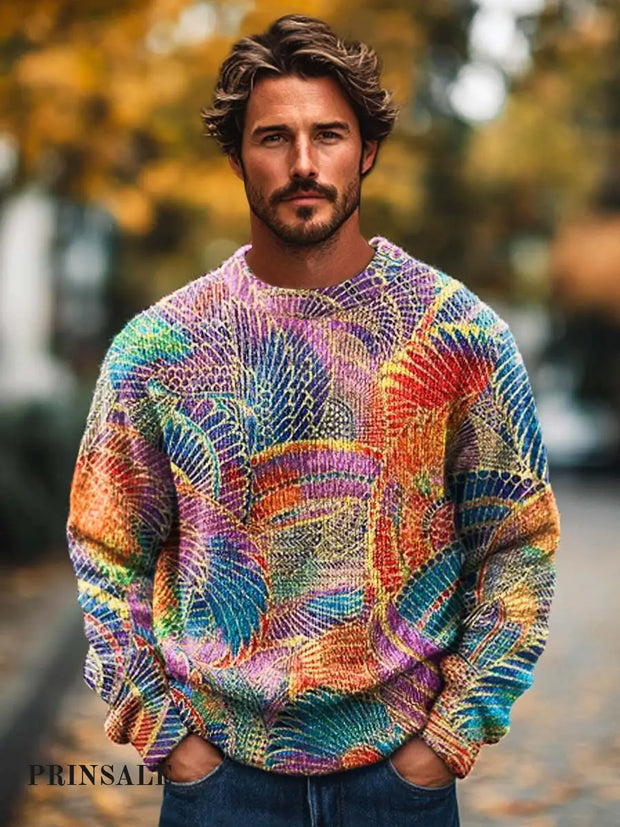 Gentleman’s Fashion Colorful Gilt Texture Art Print Knitted Long Sleeve Crew Neck Sweater Flower