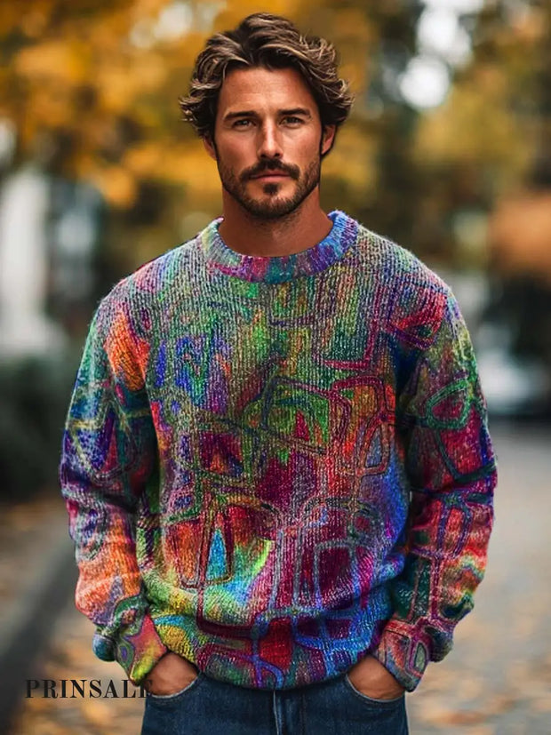 Gentleman’s Fashion Colorful Irregular Geometric Print Crewneck Base Sweater Flower Color / S