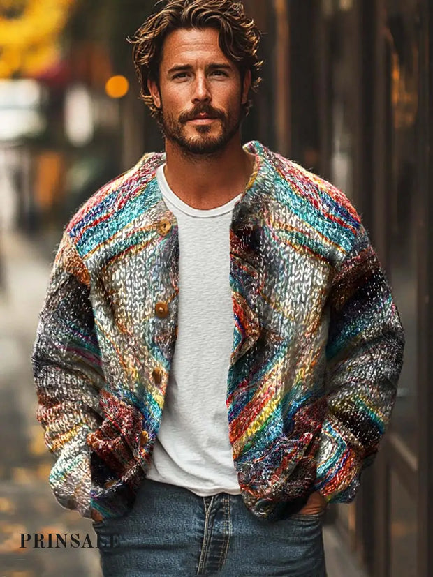 Gentleman’s Fashion Rainbow Line Art Print Sweater Cardigan Flower Color / S