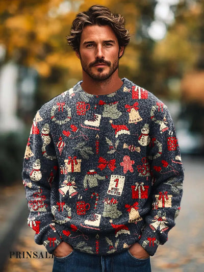 Gentleman’s Fashion Trend Christmas Graphic Print Knitted Long Sleeve Crew Neck Sweater Flower