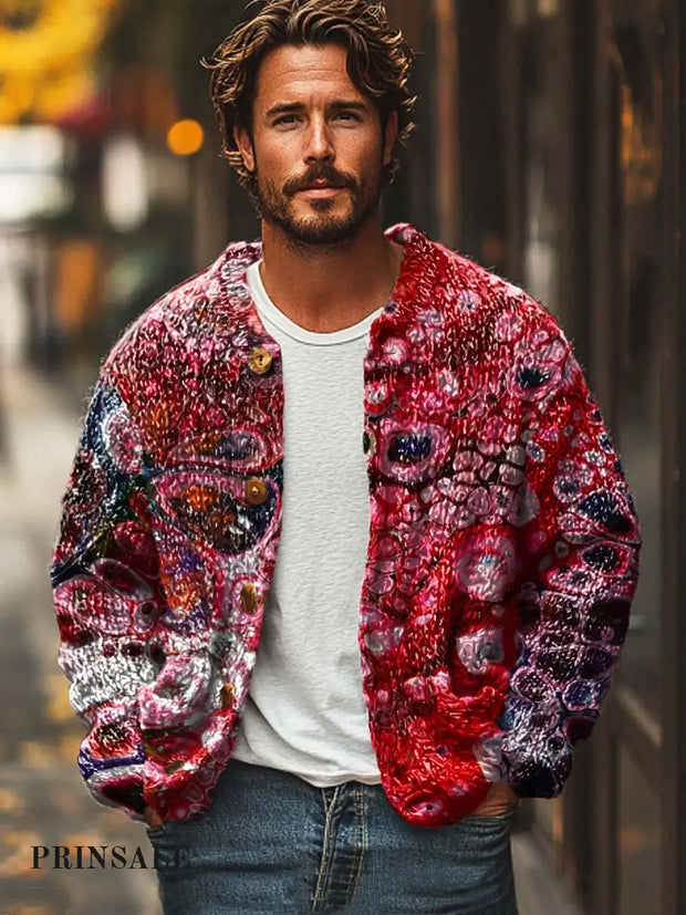 Gentleman’s Personality Passion Art-Print Sweater Cardigan Colorful / S