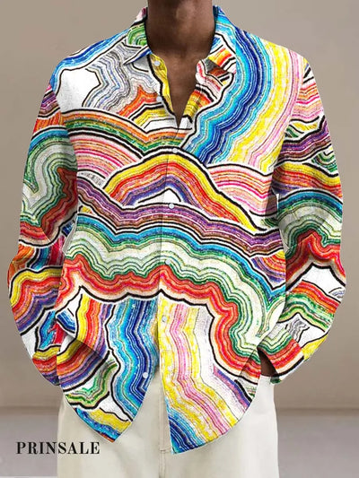 Gentleman’s Rainbow Line Art Print Long-Sleeved Lapel Shirt Colorful / S