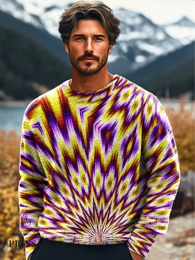 Gentleman’s Retro Abstract Radial Art Print Knit Crew Neck Pullover Colorful / S