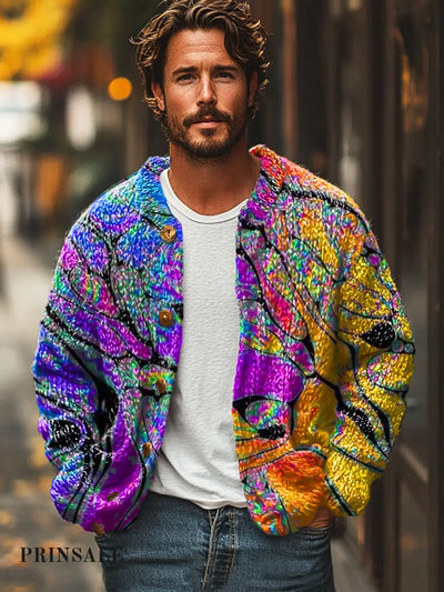 Gentleman’s Retro Color Gradient Line Art Print Cardigan Sweater Colorful / S