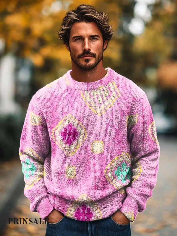 Gentlemen’s Elegant Geometric Print Knit Crewneck Sweater Flower Color / S