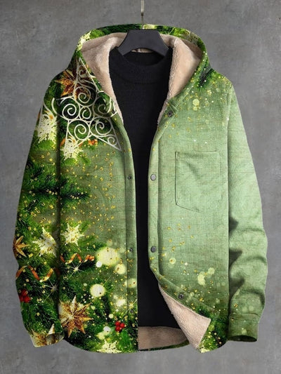 Green Merry Christmas Christmas Art Retro Print Waffle Plush Thick Long-Sleeved Hooded Coat