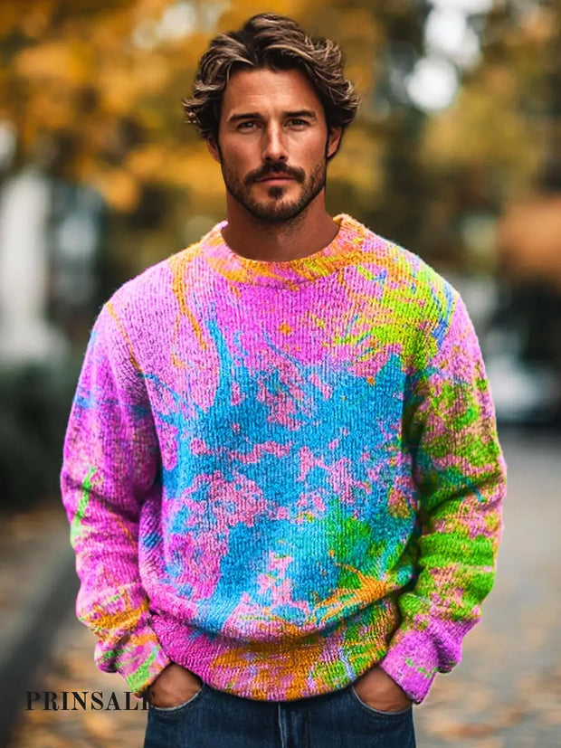 Men’s Abstract Art Color Smut-Dyed Printed Knit Crew Neck Sweater Flower / S