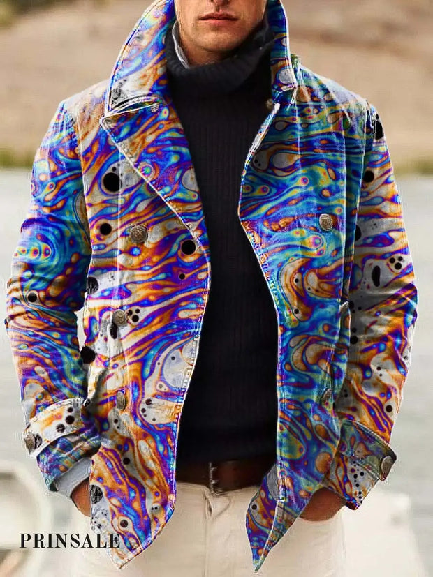 Men’s Abstract Art Fashion Digital Print Casual Double-Breasted Jacket Flower Color / S