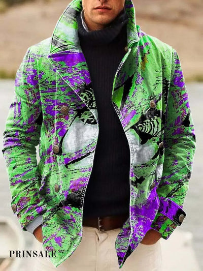 Men’s Abstract Art Fashion Digital Print Casual Double-Breasted Jacket Flower Color / S