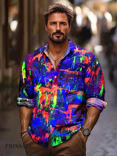 Men’s Abstract Art Fashion Digital Print Long Sleeve Shirt Flower Color / S