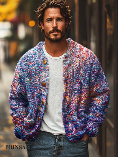 Men’s Abstract Art Fashion Digital Print Sweater Cardigan Jacket Flower Color / S