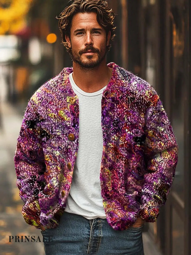 Men’s Abstract Art Fashion Digitally Printed Sweater Cardigan Jacket Flower Color / S