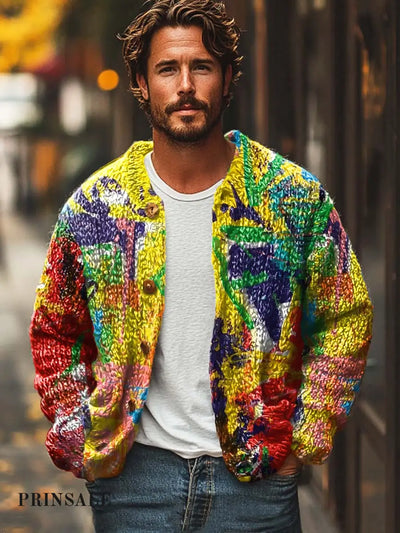 Men’s Abstract Art Fashion Digitally Printed Sweater Cardigan Jacket Flower Color / S