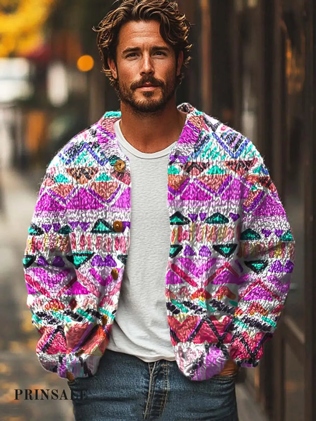 Men’s Abstract Art Fashion Print Casual Loose Sweater Jacket Flower Color / S