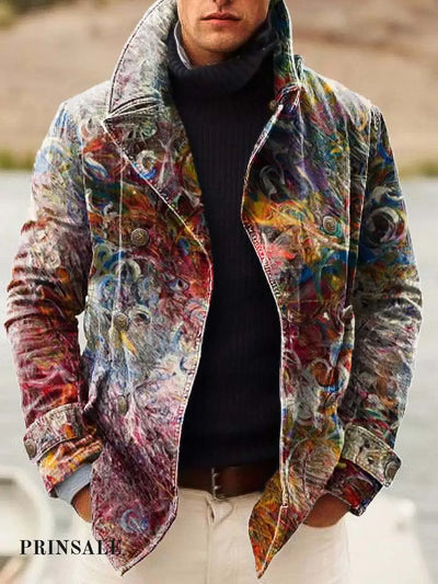 Men’s Abstract Art Fashion Print Double-Breasted Jacket Flower Color / S