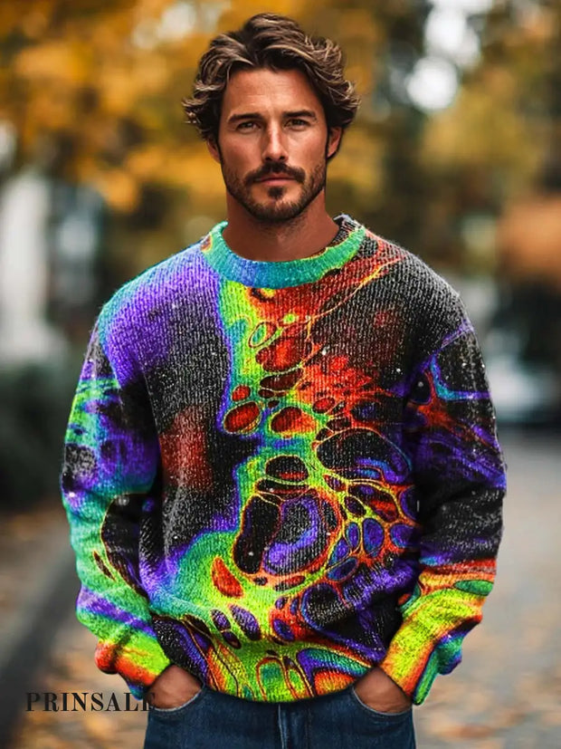 Men’s Abstract Art Fashion Print Long Sleeve Crew Neck Sweater Flower Color / S