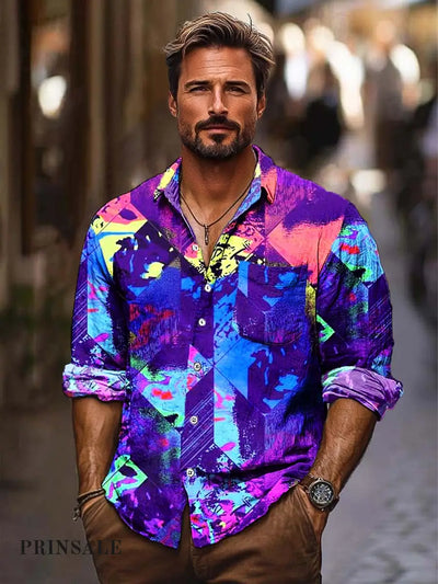 Men’s Abstract Art Fashion Print Loose Long-Sleeved Shirt Flower Color / S