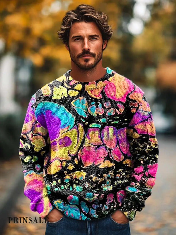 Men’s Abstract Art Print Long-Sleeved Crewneck Sweater Flower Color / 5Xl