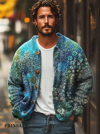 Men’s Abstract Art Print Sweater Cardigan Flower Color / S