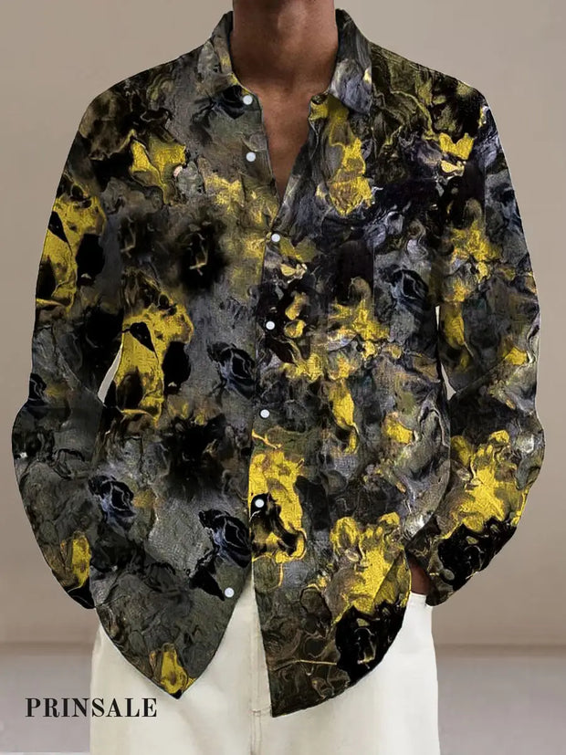 Men’s Abstract Black Gold Collision Cotton Summer Casual Beach Shirt Long Sleeve Black-Gold / S