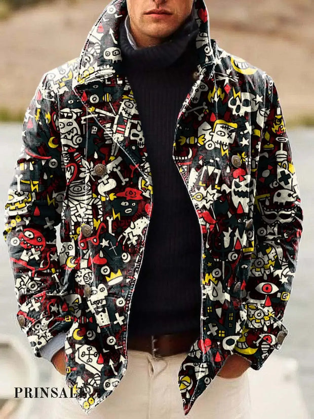 Men’s Abstract Cartoon Character Print Double-Breasted Jacket Flower Color / S