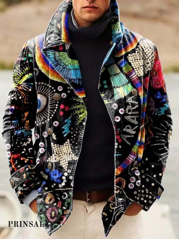 Men’s Abstract Childlike Art Fashion Digitally Printed Double-Breasted Jacket Flower Color / S