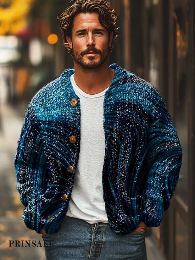 Men’s Abstract Color Irregular Line Art Print Sweater Cardigan Blue / S