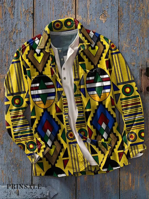 Men’s Abstract Colorful African Geometric Totem Painting Print Casual Long Sleeve Shirt