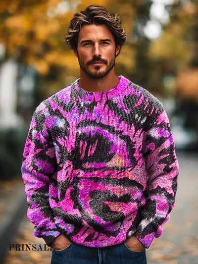 Men’s Abstract Colorful Art Print Crewneck Base Sweater Flower Color / S