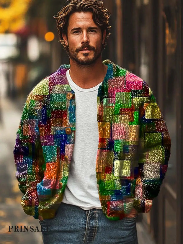 Men’s Abstract Colorful Geometric Art Print Sweater Cardigan Flower Color / S