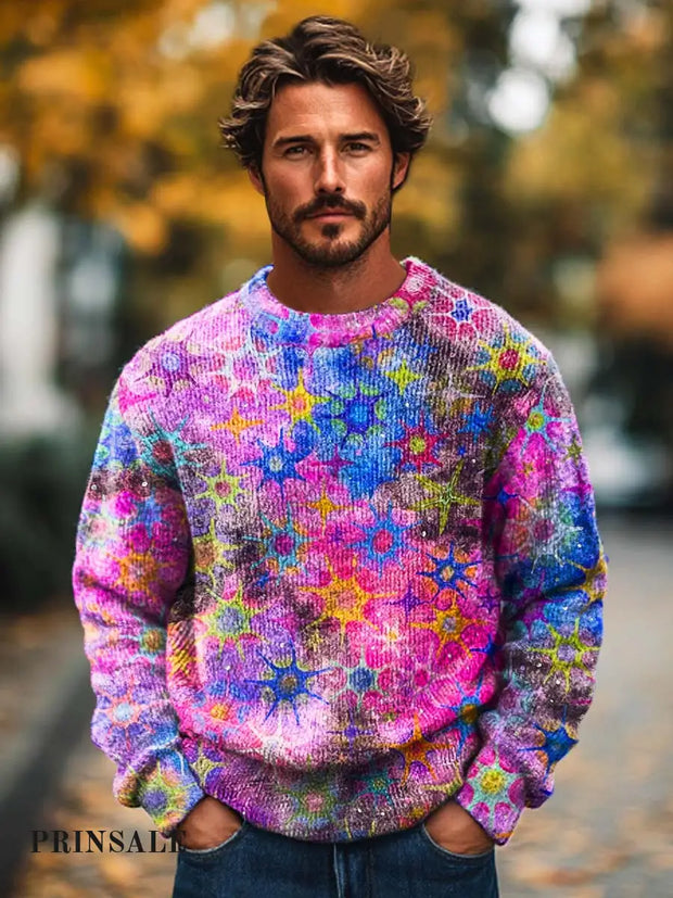 Men’s Abstract Colorful Sparkly Star Print Knit Crewneck Sweater Flower Color / S