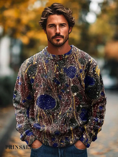 Men’s Abstract Colorful Textured Art Print Long Sleeved Crewneck Sweater Flower Color / S