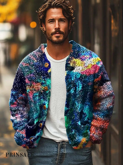 Men’s Abstract Dazzling Art Print Long Sleeve Knitted Sweater Cardigan Flower Color / S