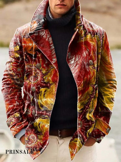 Men’s Abstract Fashion Art Print Double-Breasted Jacket With Lapels Flower Color / S