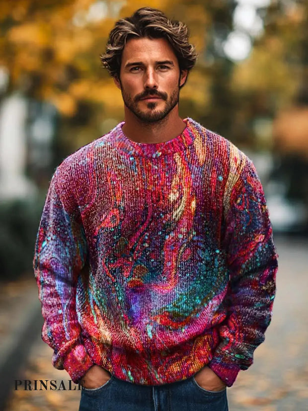 Men’s Abstract Fashion Art Texture Smut Print Knit Crewneck Sweater Flower Color / S